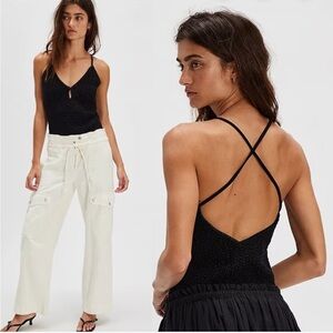 Free People Seaside Textured Bodysuit Smocked Festival Set Size Small Black